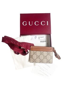 Gucci GG Emblem Card Case with Strap Beige and Dark Brown Fabric NWB